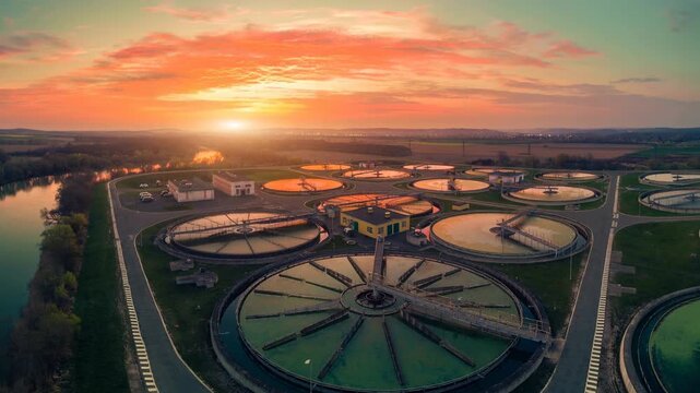 Aerial view of a modern wastewater treatment plant with circular sedimentation tanks at sunset