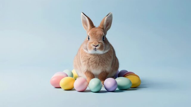 Cute brown rabbit surrounded by colorful pastel Easter eggs on soft blue background
