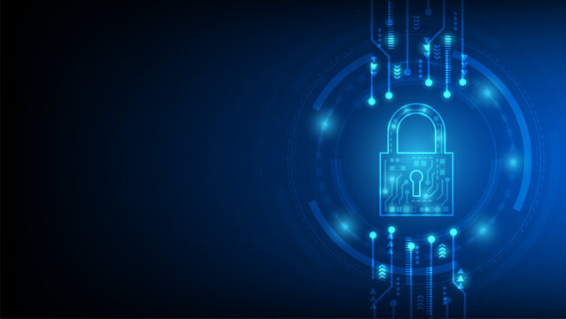 Blue digital padlock with glowing circuit patterns on dark background, cybersecurity symbol