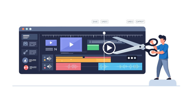 Video editing software interface and user with scissors vector illustration