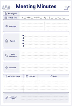 Meeting minutes planner template with agenda and notes sections diary vector
