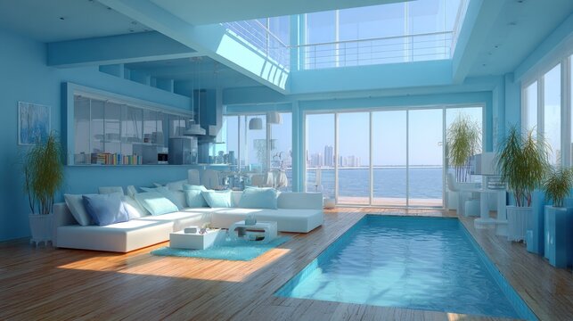 Luxurious contemporary living space features indoor swimming pool overlooking a vast body of water and distant cityscape