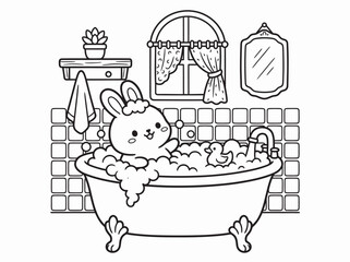 Cute Bunny Sitting in a Bathtub Surrounded by Bubbles and Rubber Ducks, Bathroom Scene Line Art Coloring Page ©  Yassine DS