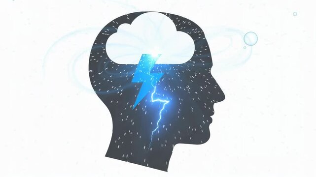 Conceptual human head silhouette with cloud and lightning bolt representing stormy mind and mental energy