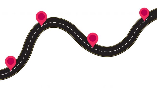 Road map with location pins, GPS navigation route tracking motion graphic