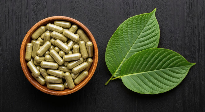 Herbal Green Kratom Capsules in Wooden Bowl with Fresh Leaves