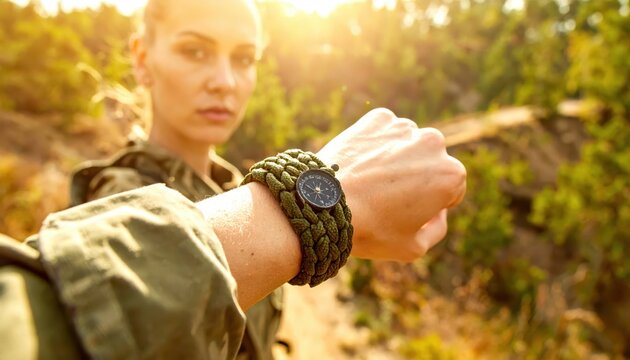 Woman wearing a tightly woven olive drab paracord survival bracelet with a compass on her wrist in bright sunlight