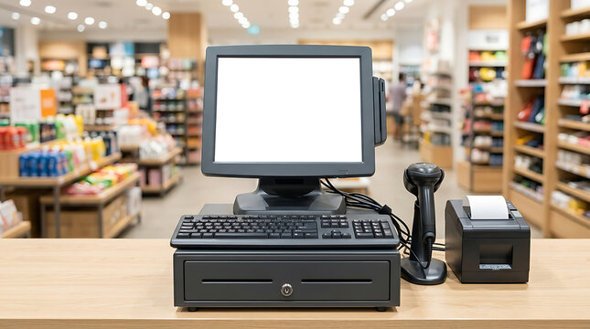 Modern point-of-sale system with blank screen at a retail store checkout counter, ready for transactions