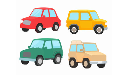Obraz premium Colorful Flat Cartoon Vehicle Set with Sedan SUV Jeep and City Car Vector Design