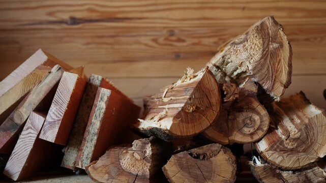 Stacking split wooden logs in a rustic storage area for a fireplace