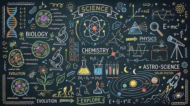 Hand drawn science education background with biology chemistry physics and astronomy on transparent background