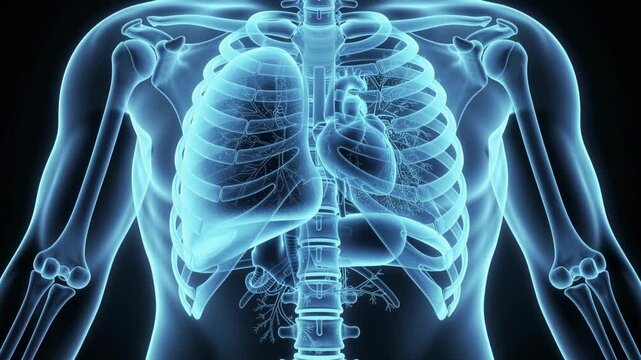 Detailed human chest anatomy showing ribs lungs heart and spine in blue x ray style medical illustration