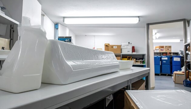 White plastic bedpan stored on a shelf within a clean medical supply closet, ready for patient use.