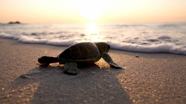 Turtle hatchling crawls across sandy shore towards water. Beautiful sunset reflected on ocean waves. Concept of marine conservation, wildlife protection, nature tourism