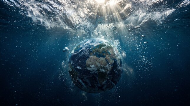 Planet Earth Submerged in Deep Blue Ocean Water World Oceans Day Concept