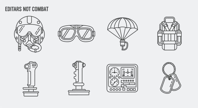 Line of military and parachuting equipment, including a helmet, goggles, parachute, backpack, and dog tag