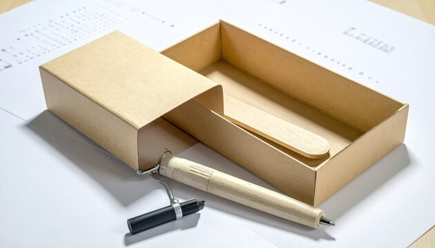 Wooden tongue depressor and penlight lie beside an open cardboard box on a white surface