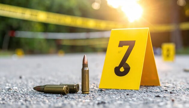 Yellow evidence marker numbered seven and spent bullet casings on asphalt at a crime scene with caution tape