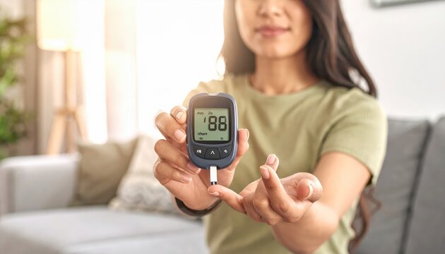 Woman holding a digital glucometer with a test strip inserted, showing a blood sugar reading of 88