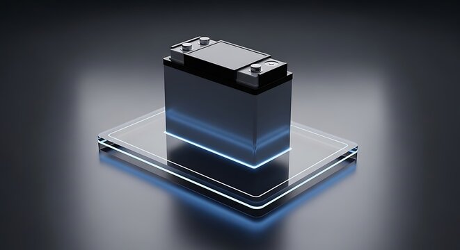A 12 volt battery standing on a glowing glass platform in a dark studio setting representing power storage, automotive energy, and modern charging solutions.