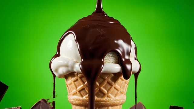 Delicious ice cream cone with chocolate sauce drizzling over a sweet treat in a studio shot