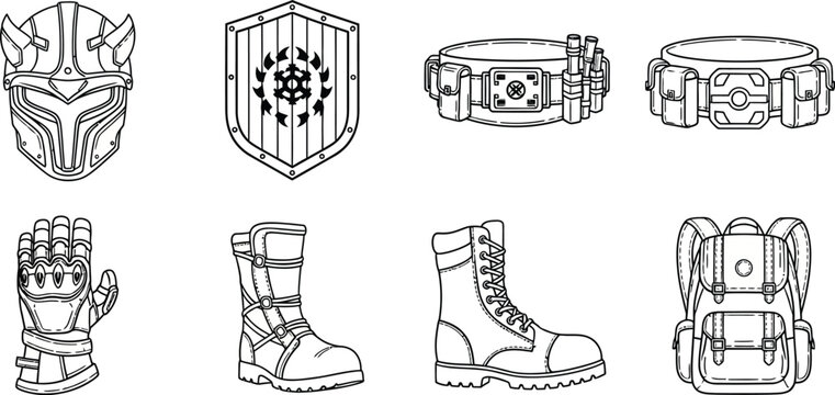 Line of superhero gear, including masks, shield, gauntlets, boots, and cuffs