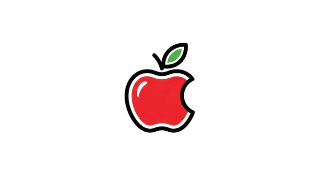 Red apple fruit symbol with green leaf and bite mark
