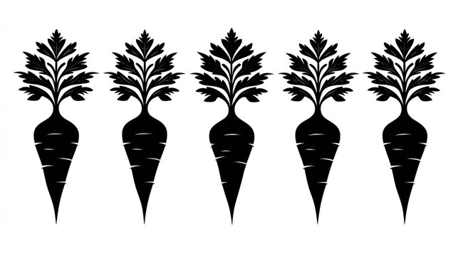 Row of five stylized root vegetables with leafy tops displayed in silhouette
