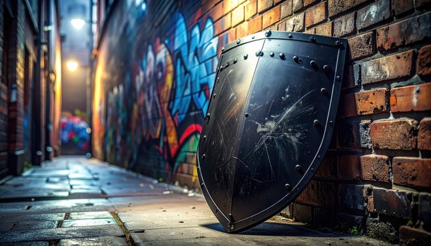 Worn ballistic riot shield with visible scuff marks and scratches leaning against a graffiti-covered brick wall in an urban alley