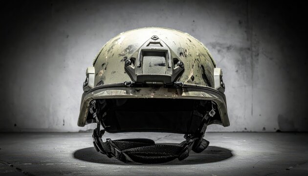 Worn ballistic tactical helmet with police patch and camouflage for swat and military operations