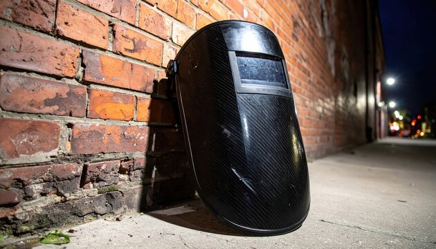 Worn black carbon fiber welding mask leaning against a weathered brick wall showcasing industrial safety equipment