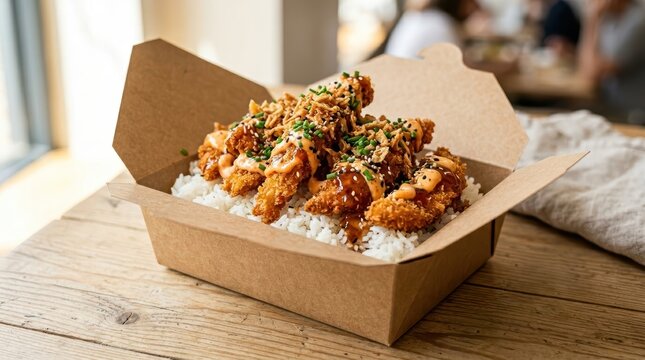 French Crousty Food. Delicious Fried Chicken Rice Bowl With Fresh Vegetables And Herbs, Served In A Rustic Bowl.