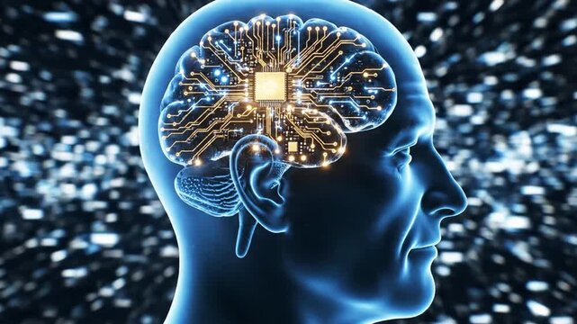 Human head with glowing circuit board brain and CPU chip.