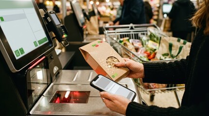 Fototapeta premium Woman Scanning A Product At A Self Checkout Counter In A Modern Supermarket, Shopping.