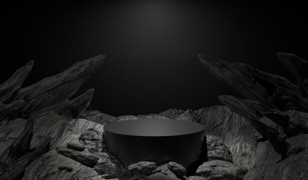 3D render black cylinder podium surrounded by sharp dark rocks for product display
