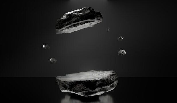 Futuristic floating stone pedestal with levitating asteroids on dark background