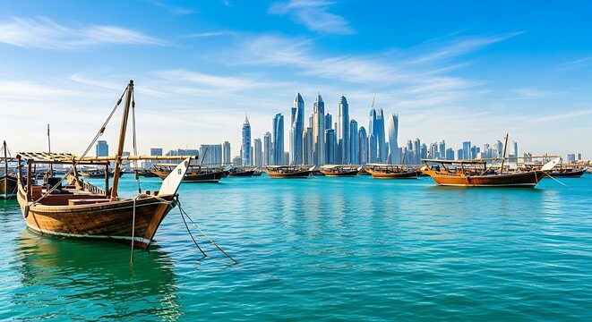 Dubai Skyline Panorama with Traditional Dhow Boats in Foreground on Sunny Day