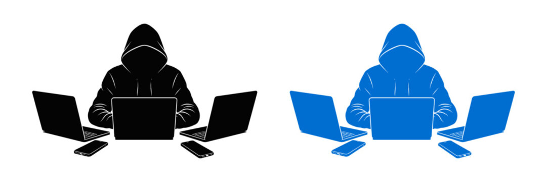 Vector illustration of two hooded hackers working on multiple laptops and smartphones