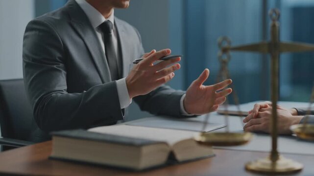 Serious lawyer discussing case with client in office with book and scales of justice on desk.