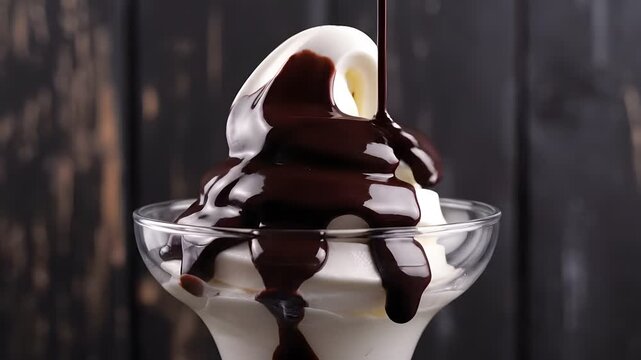A decadent sundae with vanilla ice cream, hot fudge sauce, and a banana slice