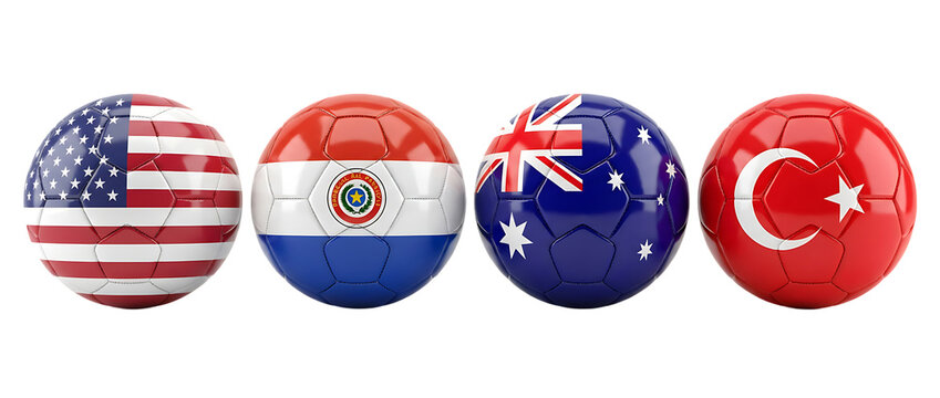 Soccer balls with flags of United States of America Paraguay Australia and Turkey isolated on transparent background for international competition and tournaments.