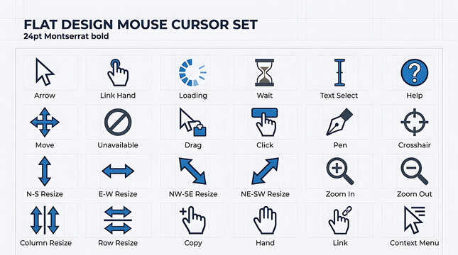Flat design mouse cursor set with various options on transparent background