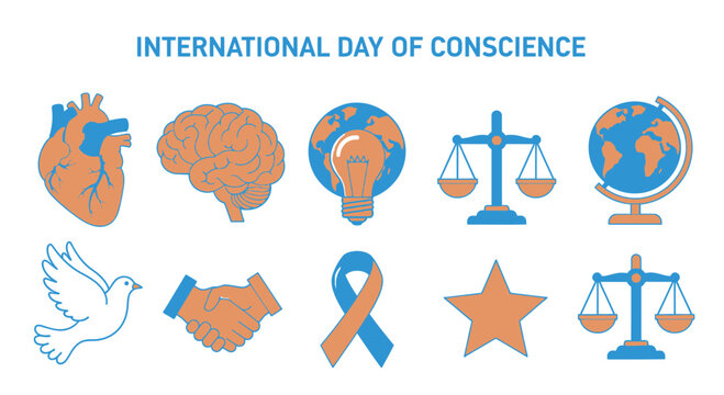 International day of conscience vector illustration set with human brain and heart and scales of justice and peaceful white dove symbols Peace Day