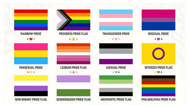 Collection of nine flat pride flags on transparent background high quality professional