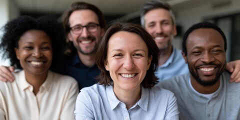 Fototapeta premium A cheerful group of five diverse friends showcases joy and camaraderie as they smile and pose together, highlighting unity, friendship, and multicultural connections.