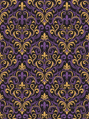 Elegant Black and Purple Floral Damask Pattern with Gold Fleur-de-lis for Premium Branding and Decor ©  Yassine DS