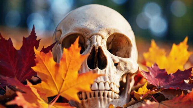 Human skull nestled among vibrant autumn maple leaves outdoors