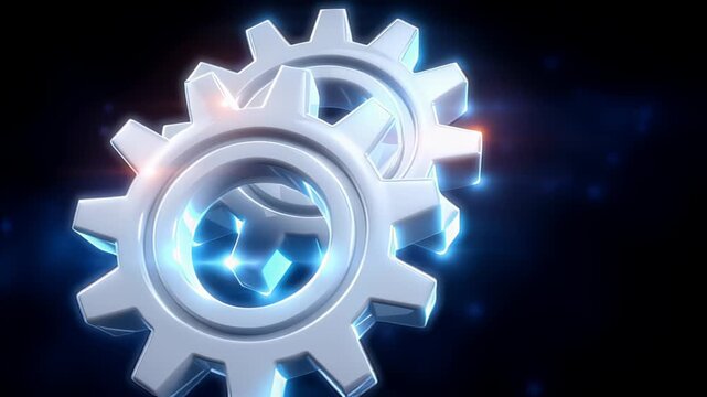 Three metallic gears rotate seamlessly in a dark blue environment with glowing accents. The dynamic movement highlights innovation in mechanical engineering