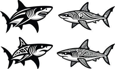 Fototapeta premium Tribal Shark Vector Collection with Polynesian Patterns and Decorative Marine Wildlife Illustrations
