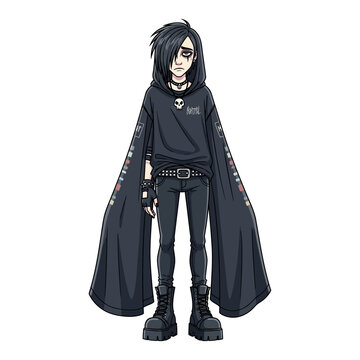 Anime goth boy with dark hair and black outfit on a white background.